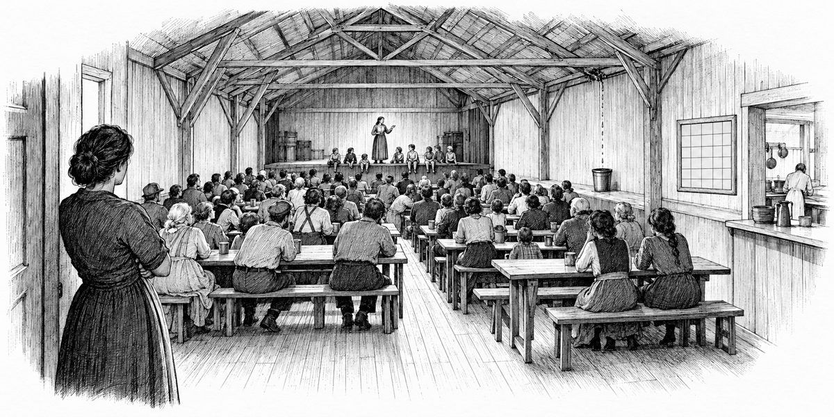 Interior of the meal hall seen from near the door at the back, looking down the room toward the low stage: a long room with a pitched roof on timber trusses, twenty tables with benches crowded with people turned toward the stage, a woman st