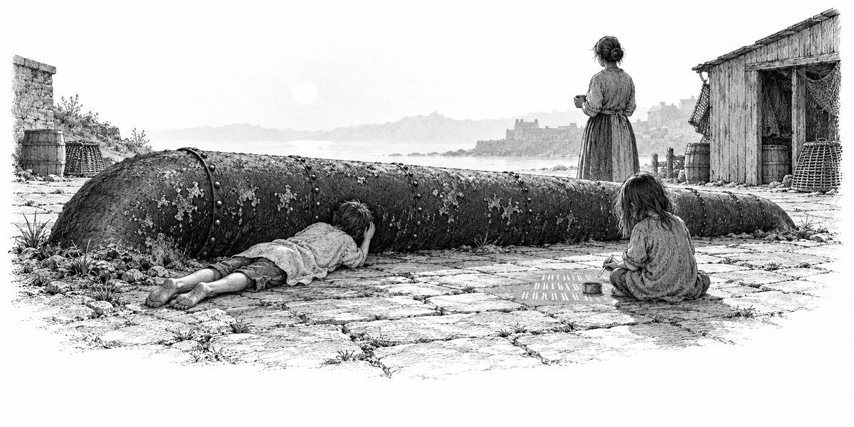 Low side view of the old riveted iron main rising from the ground and running about ten paces along the paving stones; a barefoot child lies alongside it with one ear flat on the iron, a second child sits cross-legged beside it with a chalk