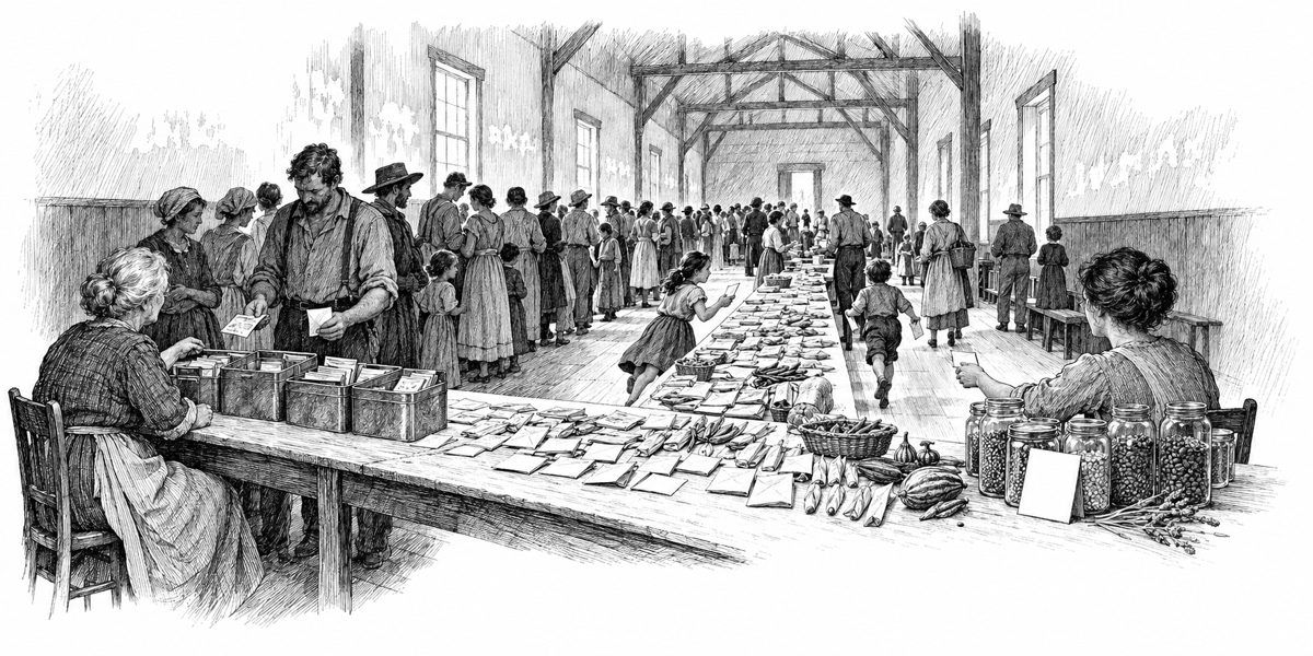 Looking down the length of a very long hall table set up for a seed exchange: an older woman at the left end behind tins of seed envelopes, a younger woman at the right end behind glass jars with a small card propped against them, between t