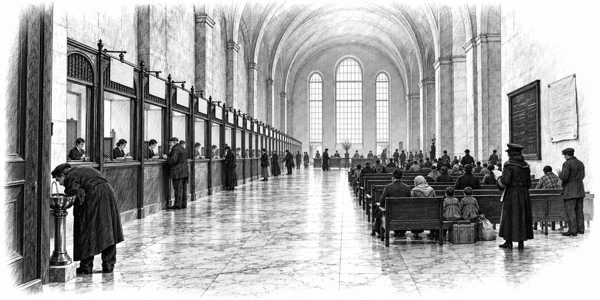 Interior of the hall seen from the door end, looking down its length: a vaulted ceiling over a floor of worn marble; down one side a row of windows with a clerk behind each and a card above each; on the other side rows of benches full of wa