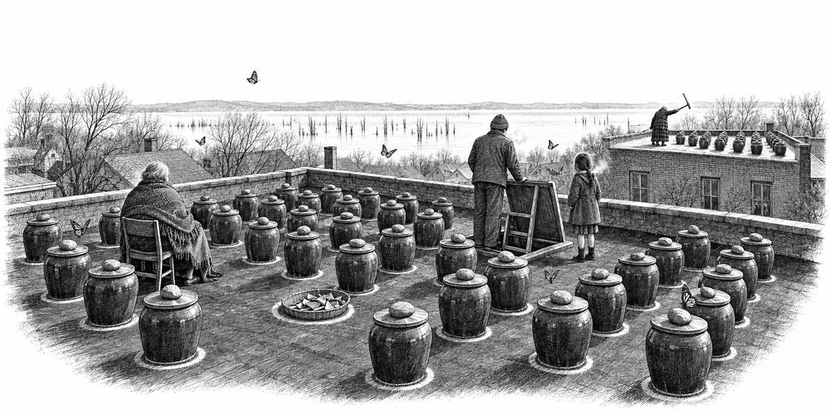 The Kangs' flat roof crowded with ranks of knee-high brown glazed crocks, each lid weighted with a river stone, with a flat basket of broken pottery standing in one empty pale ring on the tar; across the parapet, the neighbor roof with four