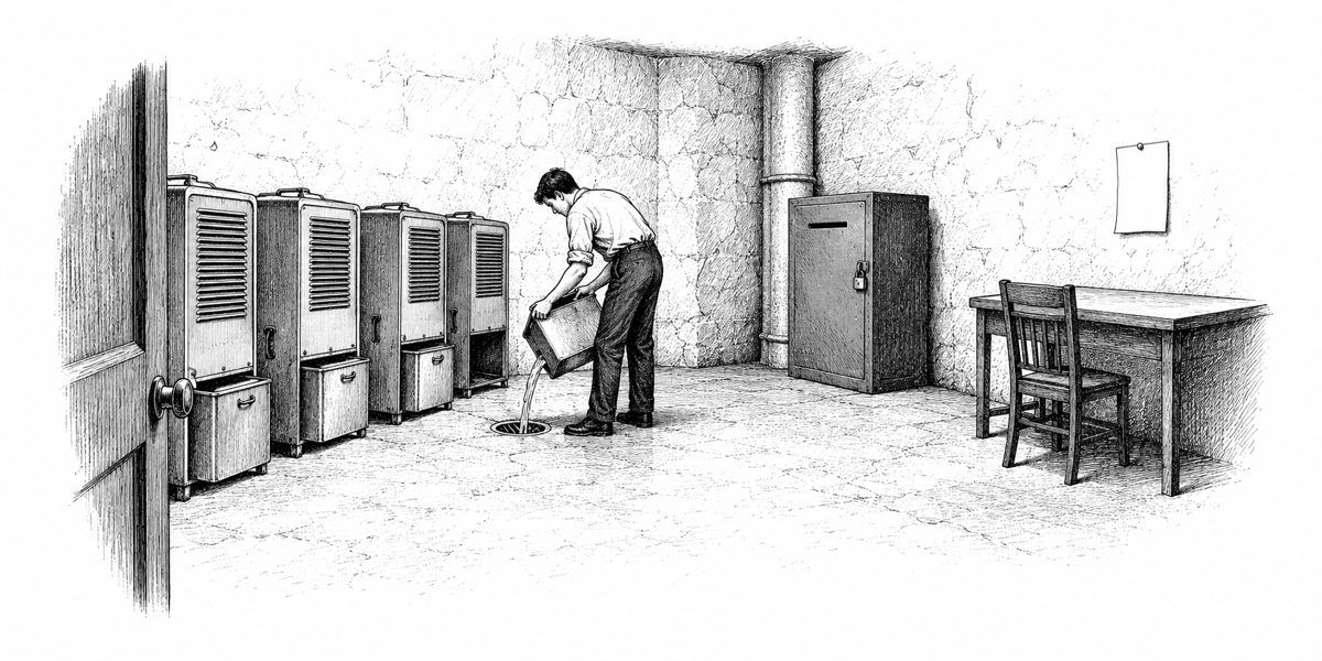 Interior of a plain basement archive in the evening: a row of old dehumidifiers along a wall, each with a steel tank at its base; a young man lifting one tank and pouring it into a drain in the floor; in the corner just beyond him a locked 
