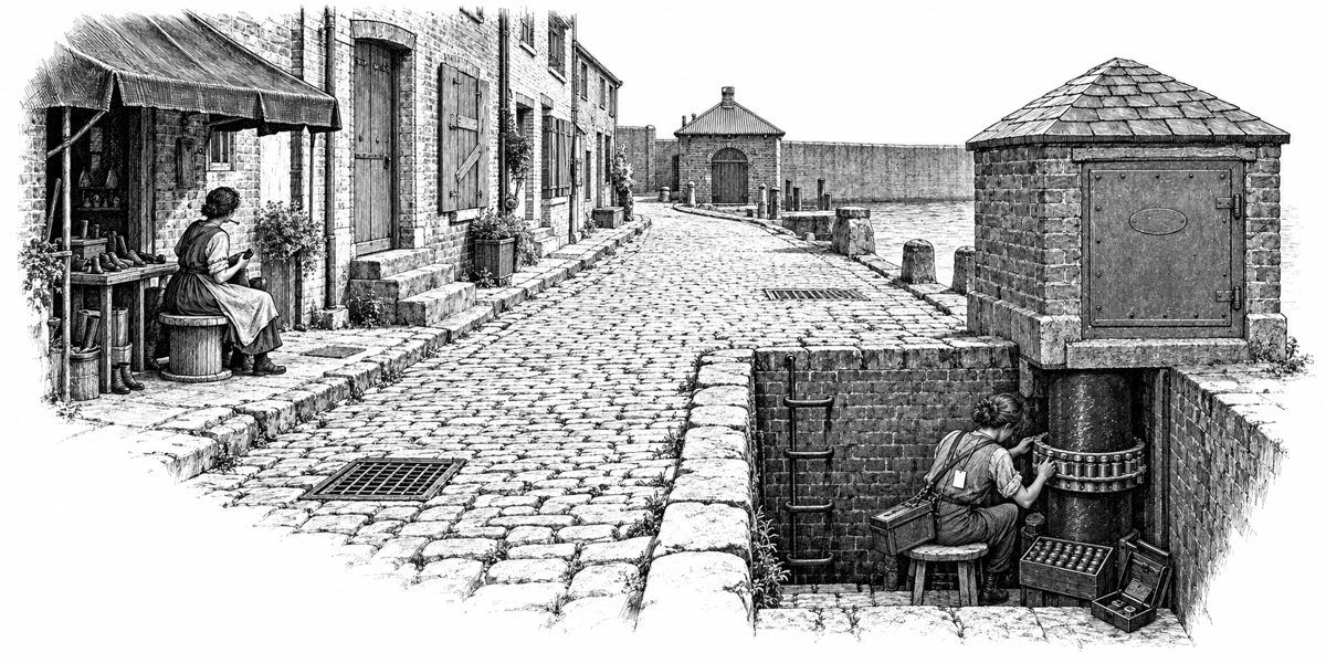 Right foreground: the chest-high brick cabinet with a slate roof and steel door, and beside it the square brick pit with iron rungs where a young woman sits on a stool at the main's flange with a steel horseshoe clamp bolted round it. Left: