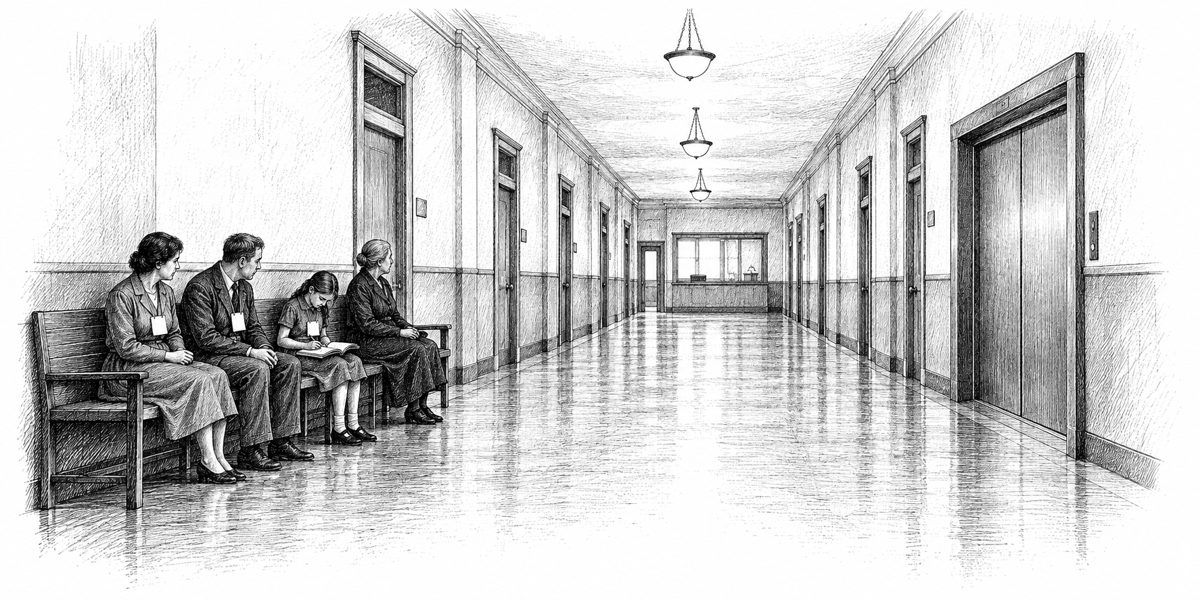 A long hospital corridor receding in perspective: a polished floor, doors of old wards, a wide lift door set in the wall, and at the far end a small office with a window onto the corridor; along the near wall a long plain hospital bench wit