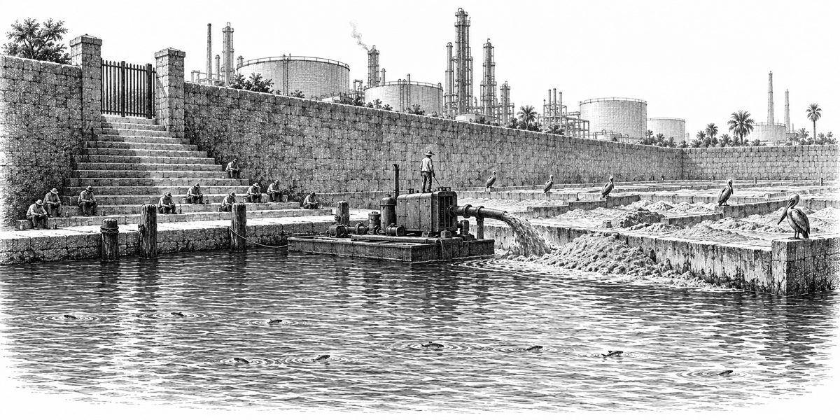 Seen from the water-level landing: eleven wide stone steps climb to a gate in the refinery yard wall; people sit spaced along the lower steps in the shade, each with a small cup and candle stub; at the landing a low dredge with a man on its