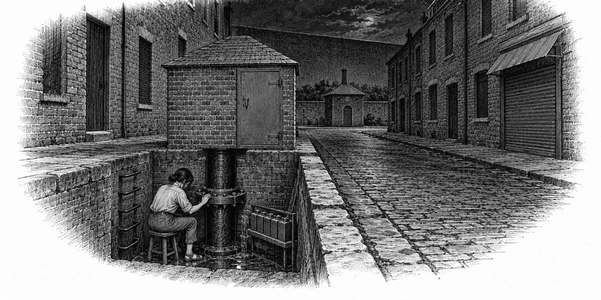 A dim night view into the brick pit: a young woman seated on a stool with one palm flat on the flange where the clamp is bolted round the black main, head bent, listening with her hand; the chest-high brick cabinet beside the pit; the empty