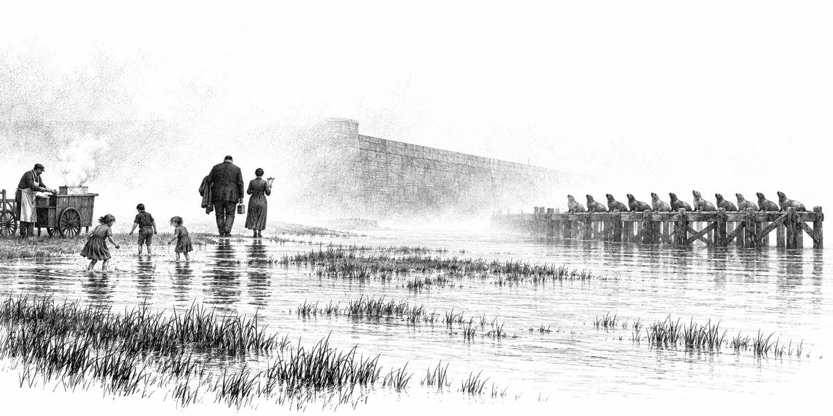 Low view from the edge of a floodable park at evening in fog: a thin sheet of tide water lying over the lower lawns with grass tips showing through, three or four children wading in it, a man at a cart selling fried clams at the water's edg