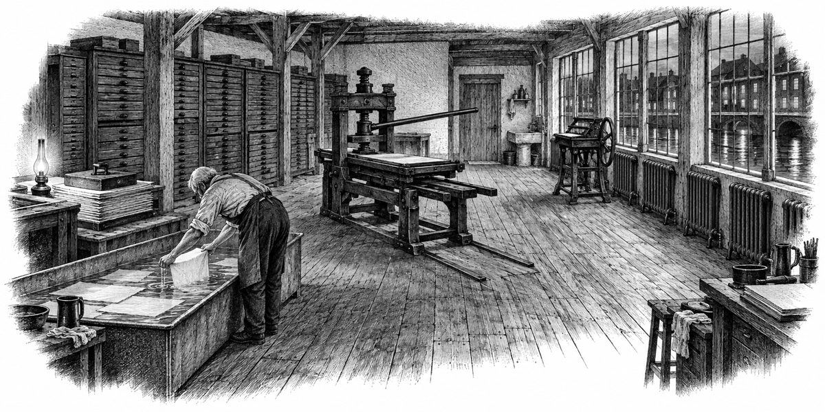 Interior of a long old mill room on a winter evening, seen from beside the trough: in the foreground a long shallow zinc trough, about the length of a coffin, with sheets of paper lying in clear water and one wet sheet lifted dripping; behi