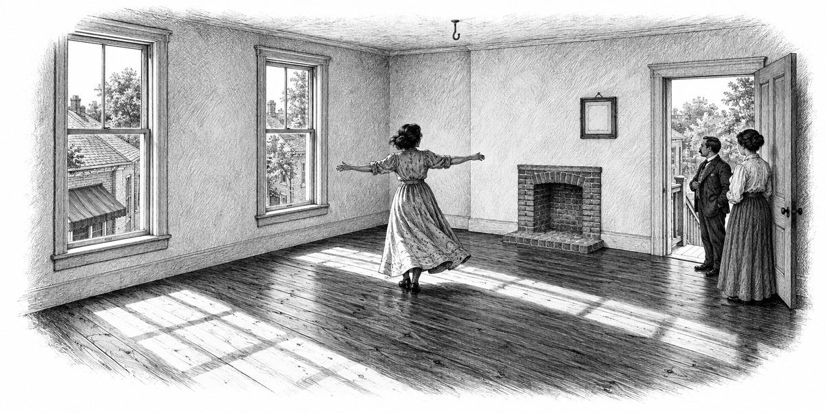 Interior of the empty upstairs room seen from the doorway: old dark cypress boards, limewashed walls, two glass windows on the lane, a hearth in the corner, a ceiling hook, a framed certificate on the wall; a woman turns in the middle of th