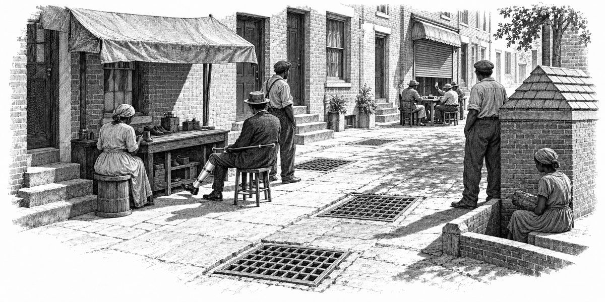 Wide view across the lane: at left the oak bench under its green awning with the cobbler, a visitor seated on the customer stool with a cane across the knees and one pale ceramic lower leg stretched toward the bench, two men standing apart;