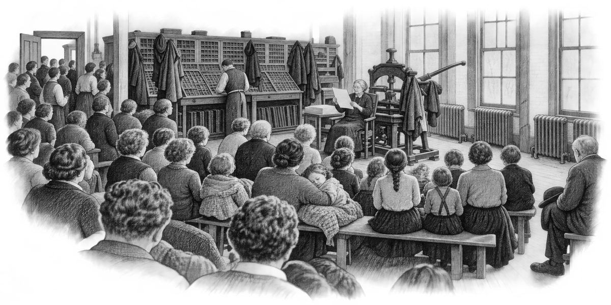 Interior of a long old mill room packed with about ninety people, some seated on benches and the long paper bench where the children sit, others standing at the back and in the doorway, all facing an old woman in the one good chair beside a