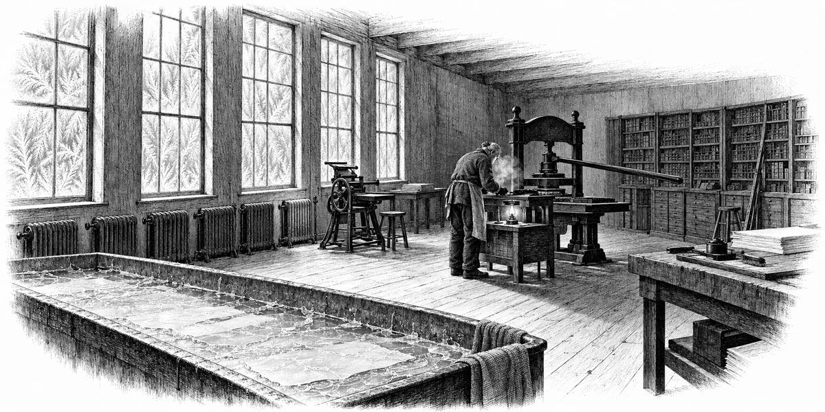 Interior of a long old mill room in deep winter, early morning: in the foreground a zinc trough with a skin of ice over the paper in it; beyond it the iron hand press with a flat ink slab, a small lit lamp under the slab and a printer in fi