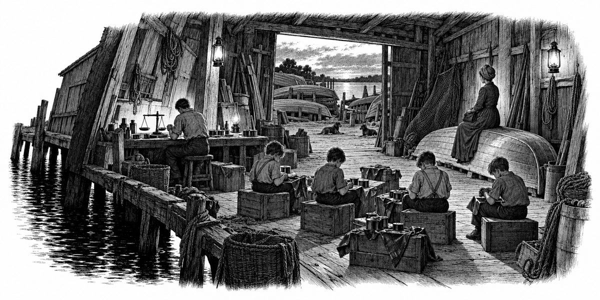 Inside the leaning shed: a woman in a good blue dress with wrapped hair sits upright and still on an upturned skiff against the wall, a handbag on her knees; four boys on crates with small tins; a young man at a bench with a scale; lamps li
