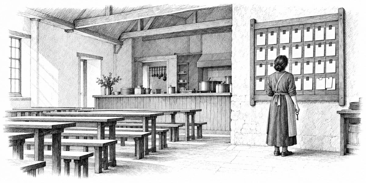 Interior of a long plain hall in the early morning, seen from a few steps back from the counter: on the wall beside the service counter a wooden board ruled into weeks and days, with many small cards pinned in the slots, each with a tiny co