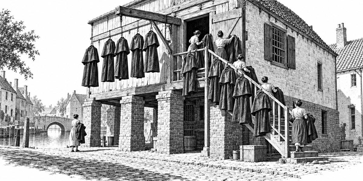 The front of the hall seen from across the street: the loft raised a full flight on brick piers, its own stair up to the open door, a hoist beam jutting over the door, a row of long oxblood waxed coats hanging from the beam and the stair ra