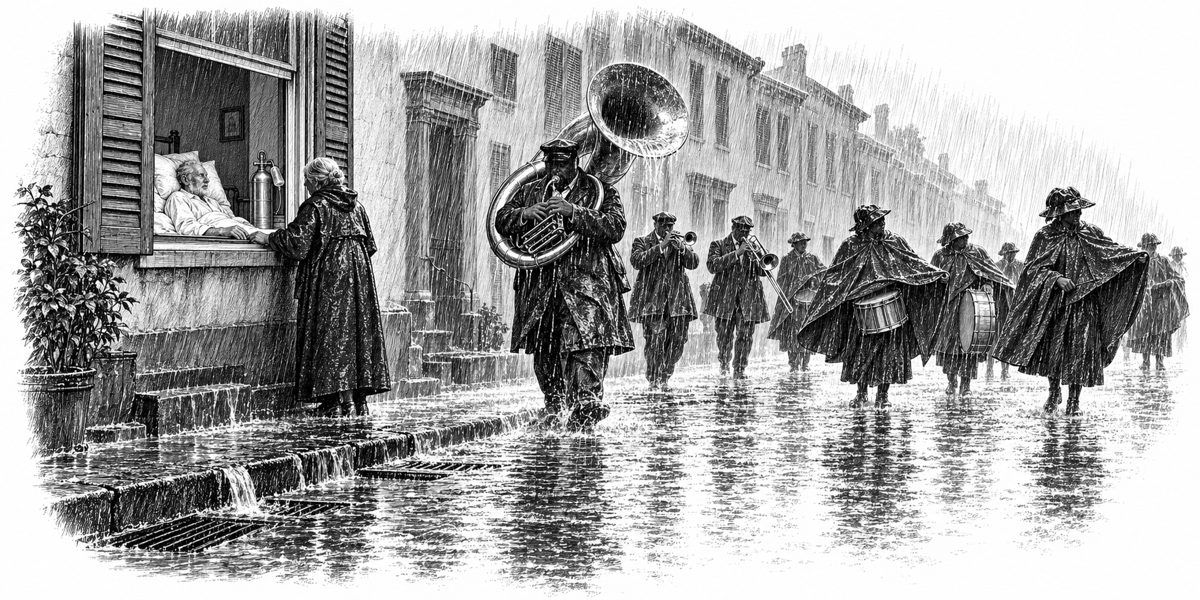 Street in a white downpour: at left a ground-floor window with a bed turned to face the street and an old man in a white shirt propped on pillows; in the street a big man playing a bass horn, a band behind him, and women in oxblood coats wh