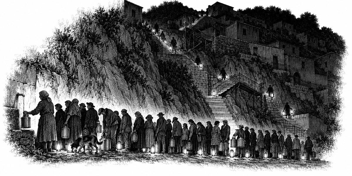 Ground-level view at the foot of a steep hill stair in the dark before dawn: a line of about thirty people standing close together, each with a lamp or a candle in a jar on the ground by their feet and water cans in their hands; at the head