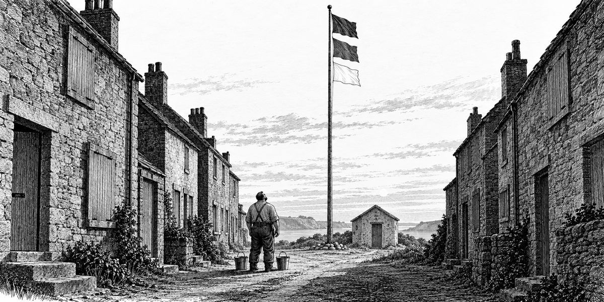 A tall plain mast rising above the rooftops into the pale dawn sky, three flags one above another near its top, two red over one white; in the lane below, a big man seen from behind, head tipped back, two buckets at his feet.