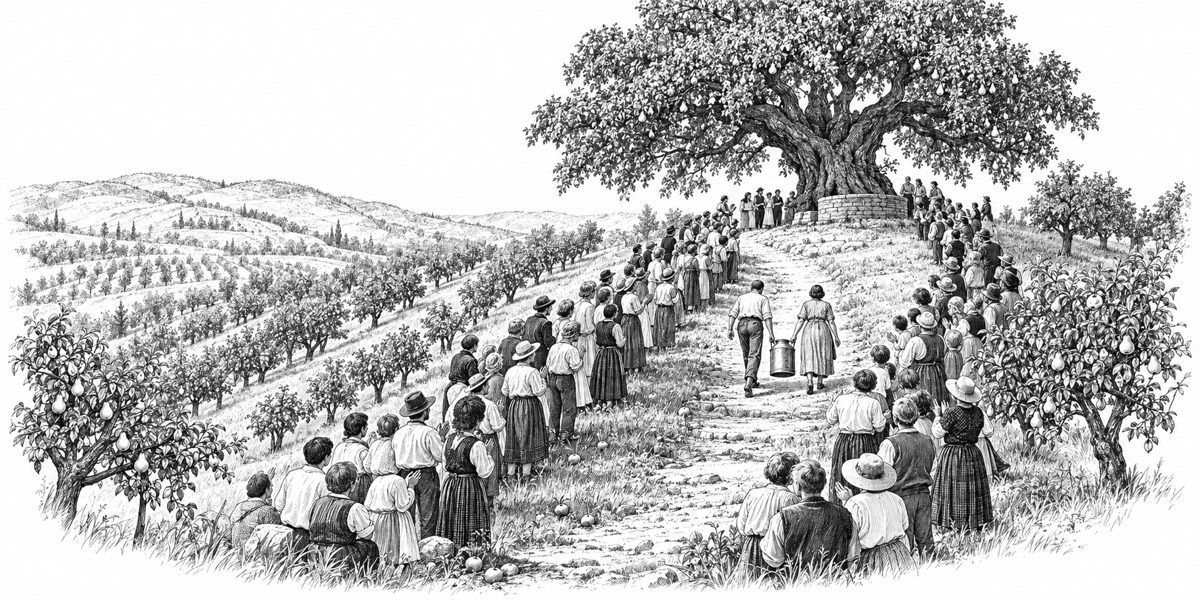 View from beside the path partway up an orchard slope: two small figures carrying one big water can between them up the middle of a path, each with one hand on the handle; about three hundred people lining both sides of the path, counting a