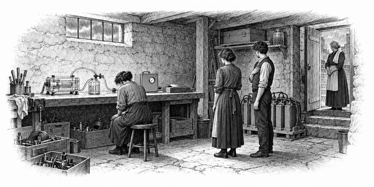 The long workbench with the running fixture: a clear housing the size of two fists, a pink fluid loop of tubing, a sealed controller box, a copper plate with no hand on it; a woman seated on a low stool beside it, bowed; a young man with a 