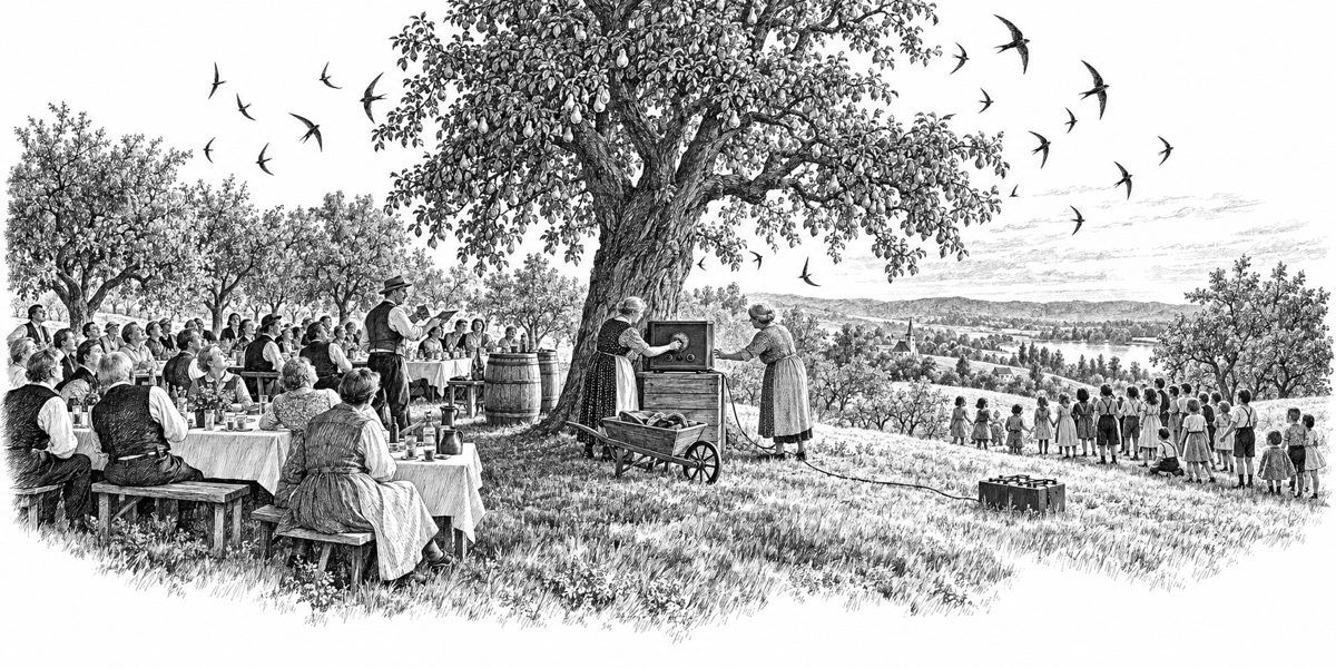 Ground-level view at the top of an orchard slope in evening light: a big wooden radio set on a wooden crate under a very large old pear tree, a cable running from it to a battery bank, and two older women standing on either side of the crat