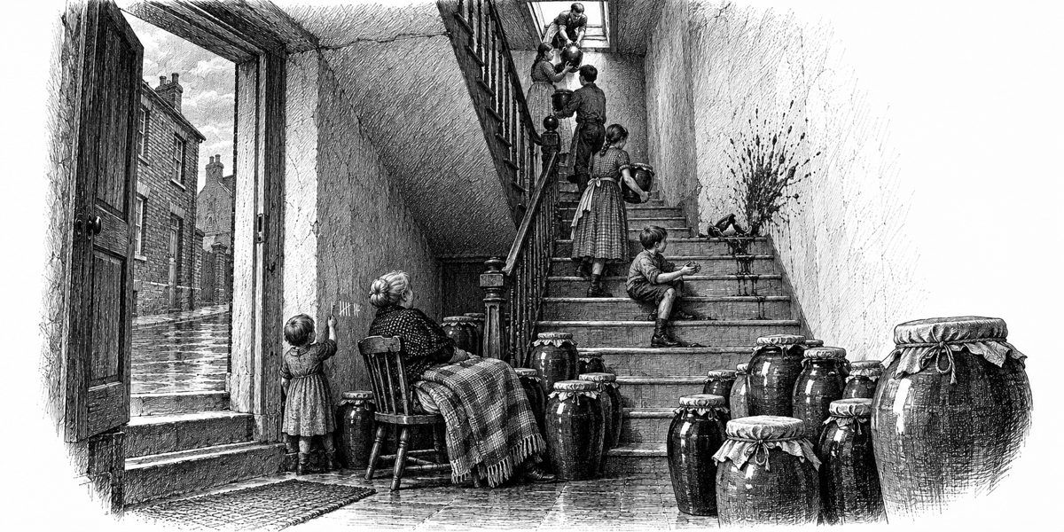 Looking up a narrow stair from the hall: a chain of people passing big brown crocks upward toward a roof hatch; on the half-landing a red paste splash fanning up the wall and flowing down the steps; a boy sitting on a step with arms still c