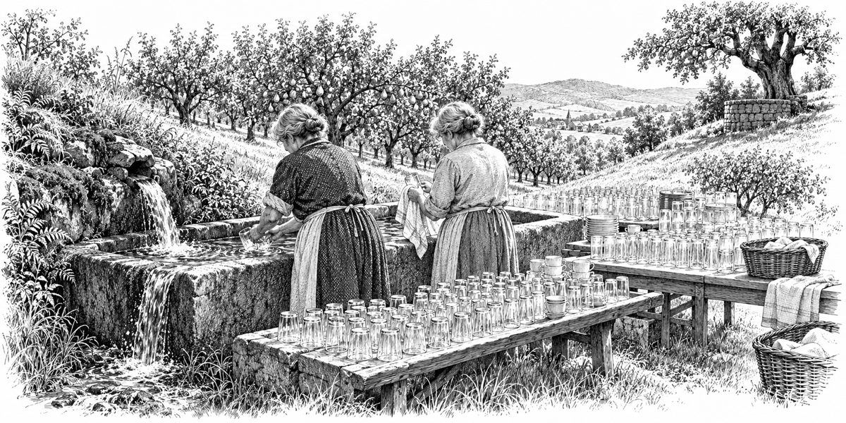 Close view beside a stone washing trough on an orchard slope on a summer morning: a single block of stone cut into a deep basin, a spring pouring cold from the hillside into it and spilling over its lip into the grass; two older women stand