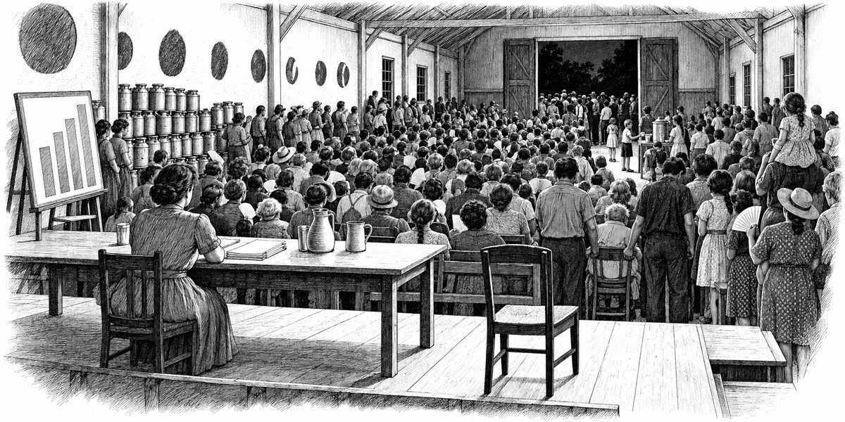 Interior of a long plain hall packed for a public hearing, seen from the front beside the low stage: in the foreground a single plain empty chair stands to the right of a long table set on the stage, facing the crowd, with nothing on its se