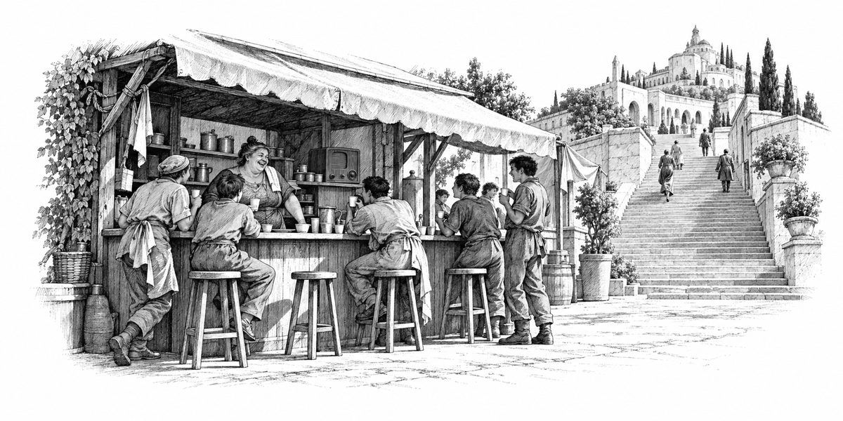 A covered chicory stall seen across its plank counter: a large stall keeper with a towel on her shoulder, grinning, a small wooden radio set on the shelf behind her, a row of customers along the counter with cups, shoulders shaking, and the