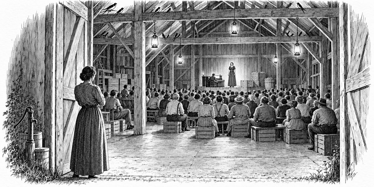 Interior of a big timber packing barn at night, seen from the open doors at the back: lamps hanging from the beams and swinging a little in the warm air; about eighty people sitting on crates and benches on a bare concrete floor; a small st