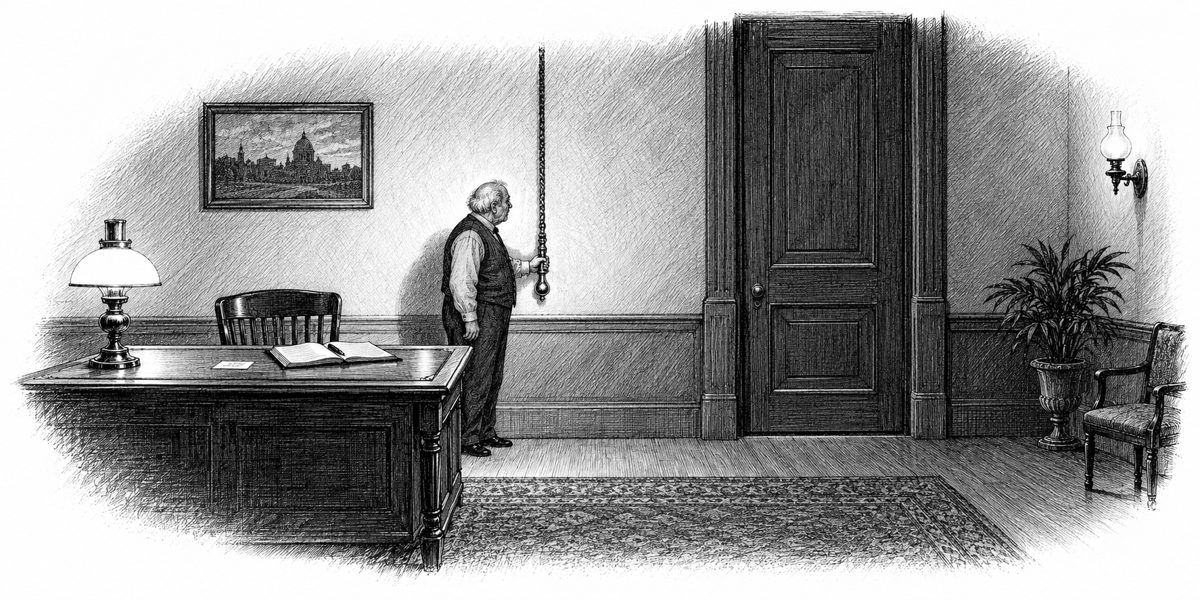 Interior of the outer office at night, seen from the side: an elderly clerk stands at the wall just left of his glass-topped desk with one hand on the brass handle of a braided gray bell cord, his head turned toward a tall closed door at th