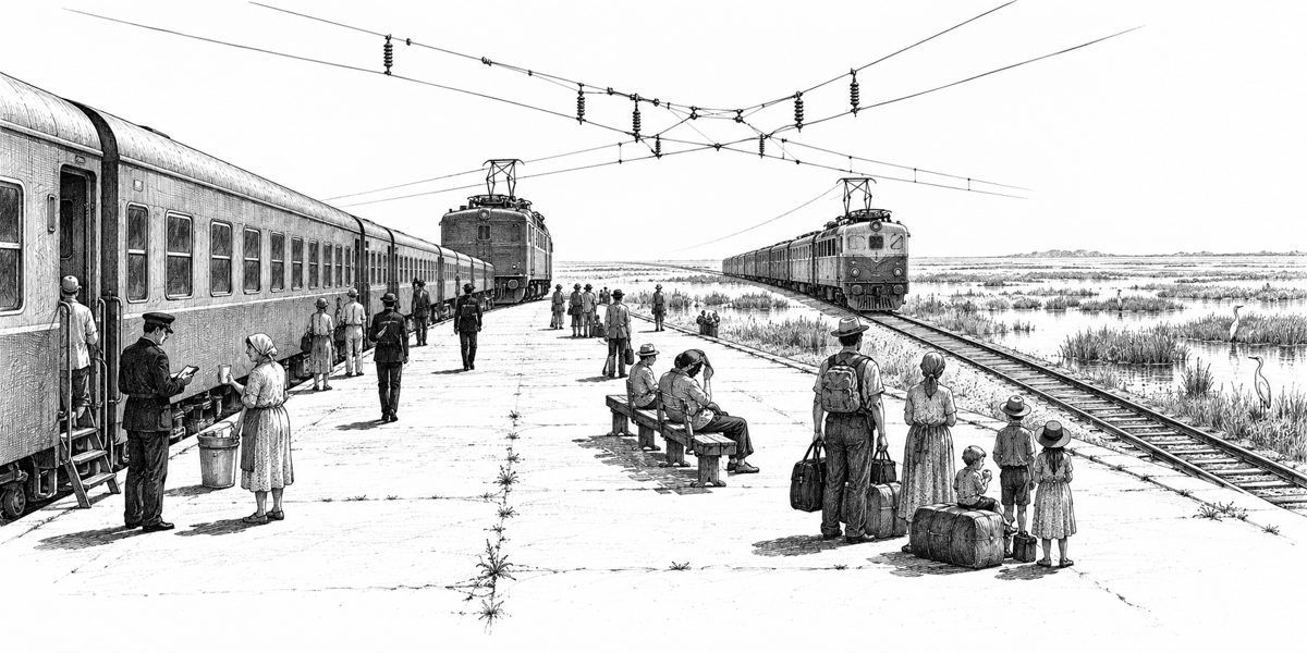Long view down a bare railway platform under hard midday sun beside a stopped passenger train, with a tangle of overhead wires and insulators where two sets of wires meet above the junction; at the near end a locomotive backing away along o