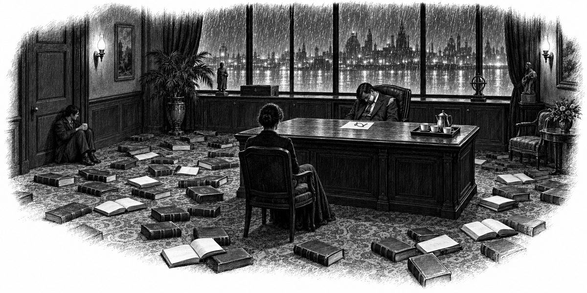 Wide interior of the Mayor's office at night in heavy rain, seen from the side: the broad desk at the center with the receipt and a pair of folded reading glasses on it and a small tray with a pot and three cups at one corner; the man aslee
