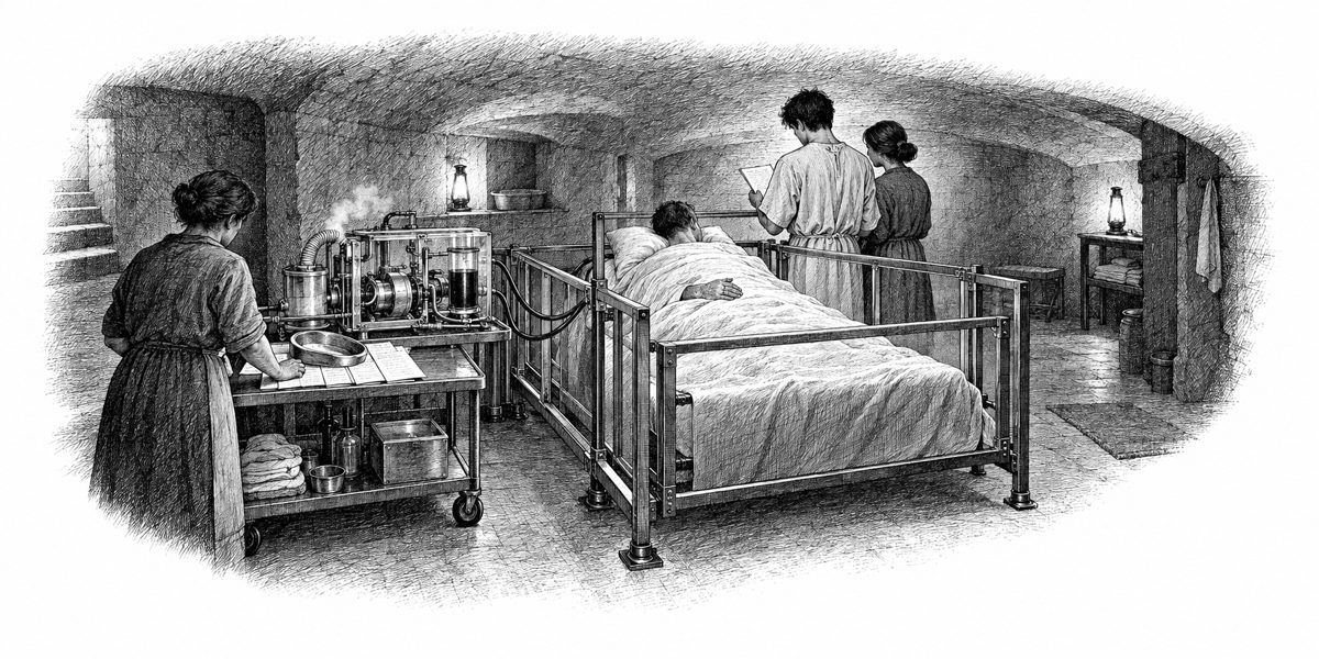 Interior of the warm underground room, looking across the steel cart at the enclosure: on the cart beside the circuit machine, four handwritten pages held flat under a clean bedpan; a young man in a cotton gown reading at the head of the en