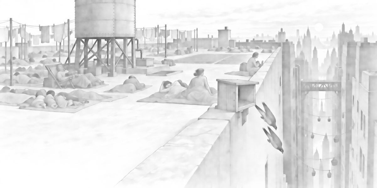 The flat concrete roof of a very tall tower at first light, seen at roof level from beside the low east parapet: in the foreground a small nesting box on the parapet, with two falcons just dropped from it, wings folded back, diving headlong