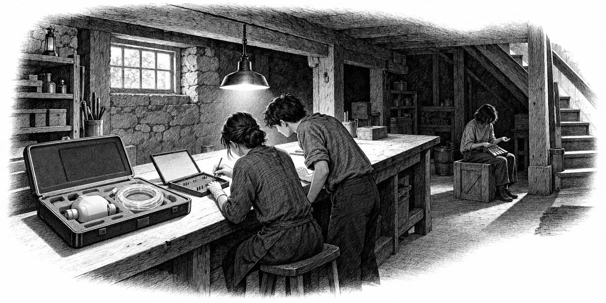 Eye level across the long bench: the opened case with its molded tray, the gray-white pump housing the size of two fists with its capped stubs and coiled drive line, and beside it the flat controller case open under the lamp with its bare b