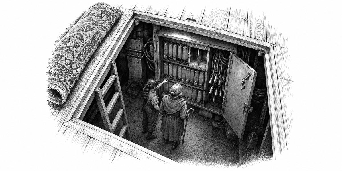 View looking down through a square hatch in a floor, with a rug rolled back and a short ladder leading down into a dim cramped space under a railcar: at the bottom a steel cabinet the size of a wardrobe bolted to the underframe, its hinged 
