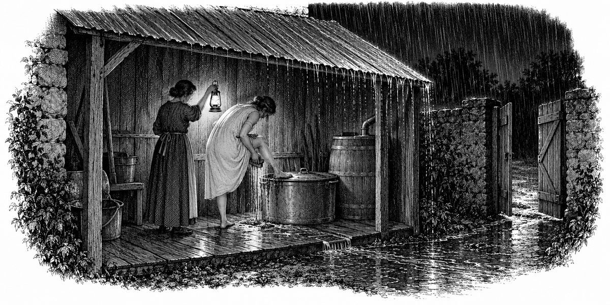 Looking into the wash house from the yard side in the rain: a low tin-roofed lean-to with its front edge streaming, a copper laundry tub with a lid, a rain barrel at the corner, a wet plank floor with a drain, and a woman in a plain shift w