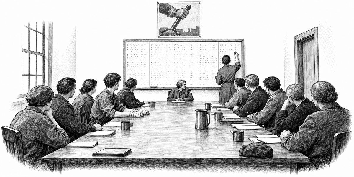 Interior of a long plain meeting room in flat afternoon light, seen from the foot of a long table with about a dozen people seated along both sides: at the head of the table a small quiet person in a plain yard jacket with a wheel-in-a-squa