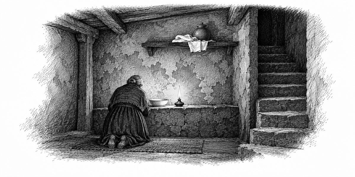 Looking across a small low room at a woman kneeling with her back to us before a low altar ledge where a white bowl of water stands beside a single lamp; on the patched plaster wall behind, a high shelf with a fold of white cloth and a roun