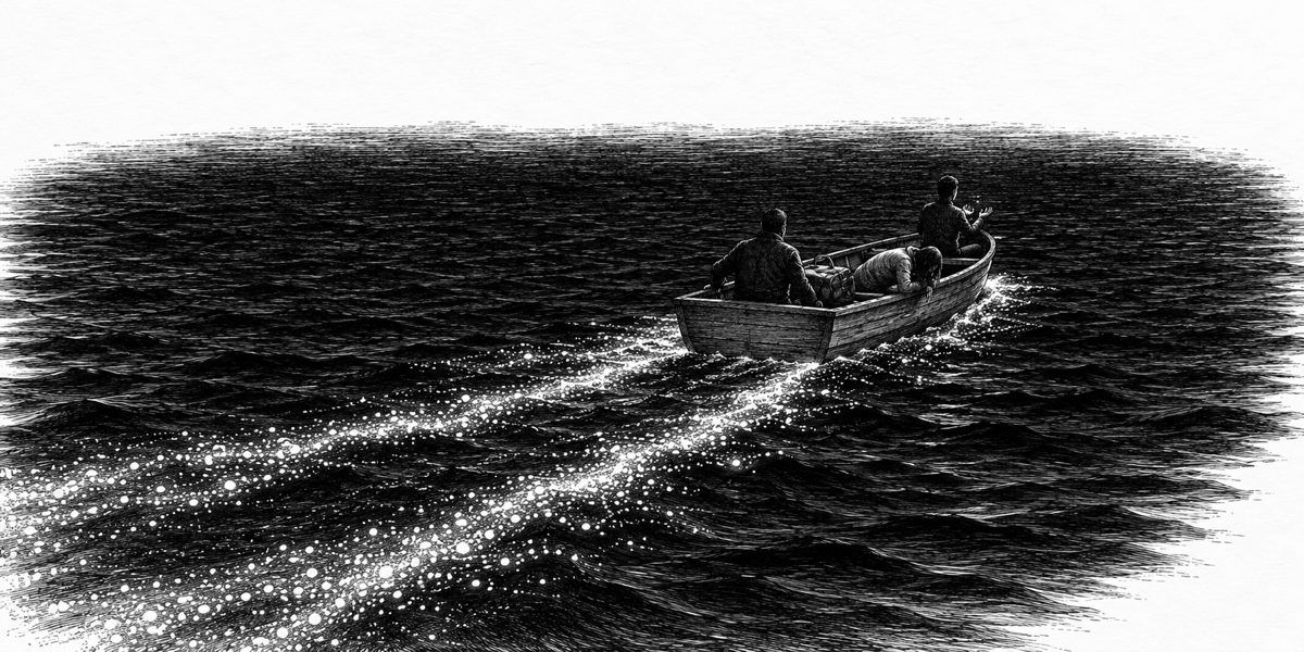 Low view from the water, behind and to one side of a small open boat crossing a vast dark harbor at night with no lights: three people aboard, one at the stern with a hand on the motor, one bent over the side, one sitting in the bow turned 