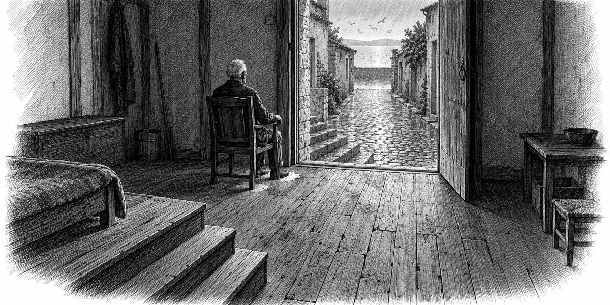 Looking from the back of a plain ground-floor room toward its open street door: the edge of a small wooden platform with three steps in the foreground; a chair by the door with an old man in it, seen from behind, feet flat on two pale worn 