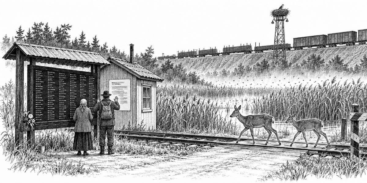 Ground-level view at the crossing: in the foreground a long black-painted timber board under a little tin roof, covered in rows of small hand-painted white marks (names, none readable), with a few dry flowers stuck into a crack at its lower