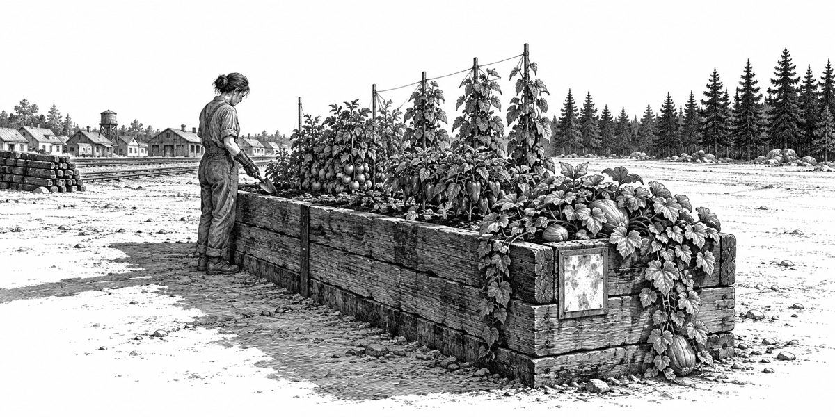 A long raised planting bed like a big timber box, hip high, built of old weathered railway sleepers with a heavy cloth liner, standing on bare packed ground at the edge of a town with a line of pines beyond: dark imported soil crowded with 