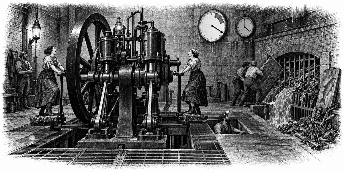 Wide, low-lit view across the pump pit: the heavy iron pump running between two women on treadles, the iron grille at the back with a thick brown rope of water pouring through it and two men heaving a whole door clear, and on the wall the r