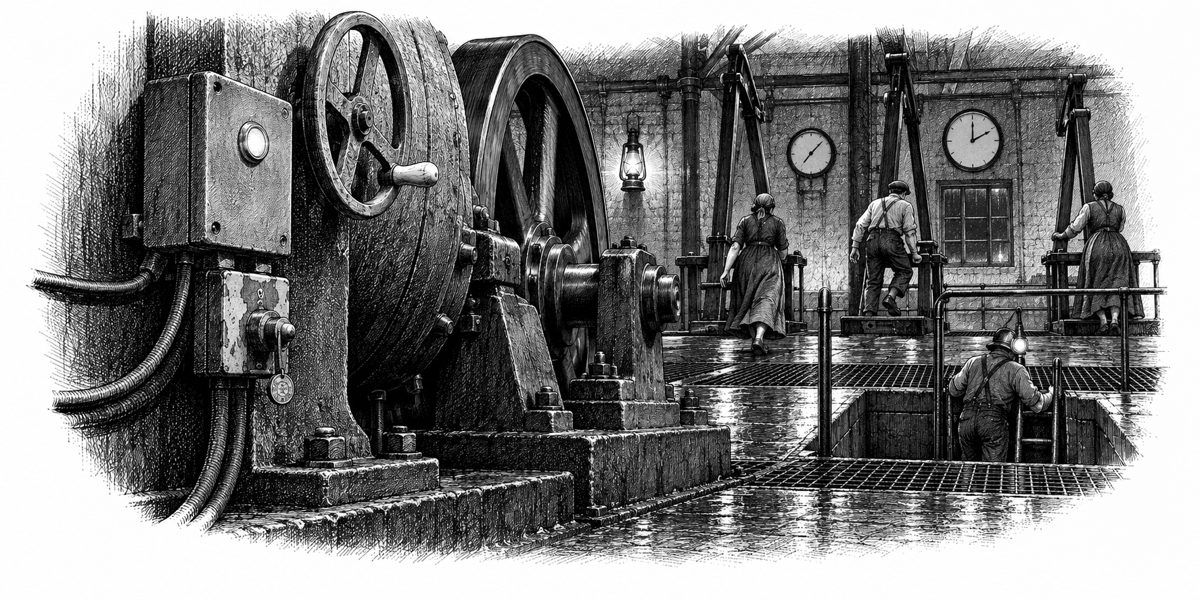 Close, low view of the motor side of the pump floor: the gray governor box bolted to the frame beside the motor with one amber lamp lit; beneath it a selector switch thickly painted over in three colors, a lead seal hanging on a twist of wi