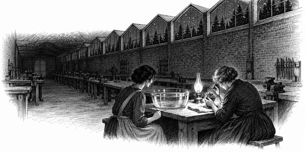 Close view across the end bench of a dark brick hall: a large glass basin of clear water standing on the bench with nothing in it, and beside it a very small brass and steel clockwork pump lying on a folded cloth; one lamp on the bench; an 