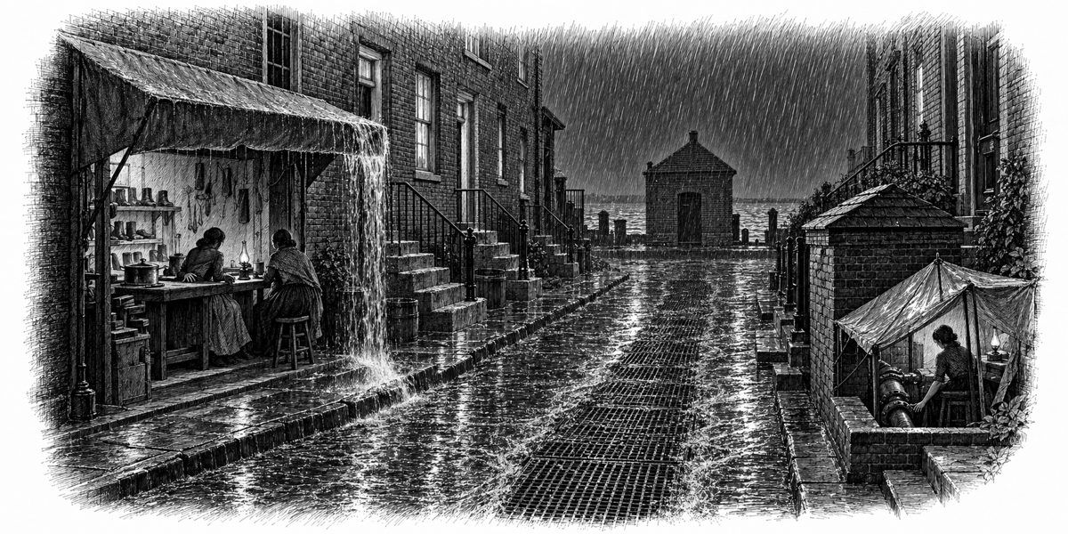 Wide night view across the rain-swept lane: at left the cobbler's bench under its green canvas awning with a lamp, a pot and two seated women; rainwater pouring off the awning's edge; across the lane at right the pit under a small oilcloth 