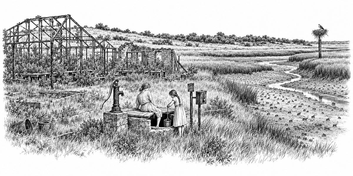 A ruined plant nursery on flat ground at the edge of a salt marsh: in the foreground an old cast-iron hand pump on a stone plinth with a handle worn bright, a wooden well lid and the open mouth of the well beside it, where a woman sits on t