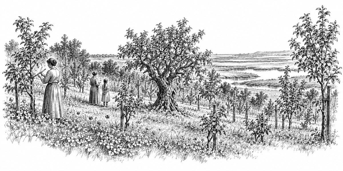 A gentle slope of young fruit trees running down toward a flat salt marsh: trees in uneven rows, every size, some taller than a person and some only knee high, each tied to a wooden stake, with clover growing under them and a few bees over 
